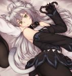  1girl ahoge animal_ears atalanta_(alter)_(fate) atalanta_(fate) cold_(hoshinoskull) collar detached_sleeves fate/grand_order fate_(series) green_eyes hand_on_another&#039;s_face long_hair on_bed pantyhose tail white_hair 
