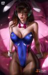  1girl adapted_costume animal_ears arm_support artist_name ass_visible_through_thighs bare_shoulders bed bed_sheet blue_leotard bow bowtie breasts brown_eyes brown_hair brown_legwear bunny_ears bunnysuit cleavage covered_navel cowboy_shot d.va_(overwatch) day detached_collar english_text facepaint fake_animal_ears fine_fabric_emphasis glint headgear highleg highleg_leotard highres leaning_back leotard lips logan_cure long_hair looking_at_viewer medium_breasts on_bed overwatch pantyhose parted_lips patreon_logo pillow pink_bow pink_neckwear signature sitting sitting_on_bed solo strapless strapless_leotard sunlight thick_eyebrows thigh_gap watermark web_address wrist_cuffs 