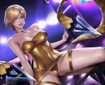  1girl blonde_hair breasts cleavage dress evelynn eyebrows hair_over_one_eye jewelry k/da_(league_of_legends) k/da_evelynn kimdonga large_breasts league_of_legends lipstick makeup necklace panties pantyshot pantyshot_(sitting) sitting solo thick_thighs thighs underwear yellow_eyes 