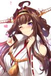  1girl ahoge bare_shoulders blush breasts brown_hair detached_sleeves double_bun hairband headgear highres japanese_clothes kantai_collection kongou_(kantai_collection) large_breasts long_hair looking_at_viewer nontraditional_miko one_eye_closed open_mouth purple_eyes smile solo untsue upper_body 
