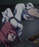  1girl ass bdsm blue_eyes bondage bound bound_arms breasts code_geass flipped_hair food gag gagged highres huge_filesize kallen_stadtfeld large_breasts prison_cell red_hair screencap short_hair solo stitched straitjacket strap third-party_edit tray 