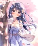  1girl bangs bare_shoulders black_hair blue_dress blurry blurry_foreground blush breasts cardigan cherry_blossoms cleavage closed_mouth collarbone commentary_request depth_of_field dress earrings eyebrows_visible_through_hair flower hair_between_eyes hair_flower hair_ornament hand_up head_tilt jewelry large_breasts long_hair long_sleeves open_cardigan open_clothes original pan_(mimi) petals pink_flower red_eyes sleeves_past_wrists smile solo strapless strapless_dress tree very_long_hair white_cardigan 