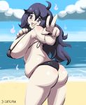  1girl @_@ ahoge ass bare_arms bare_shoulders beach bikini black_bikini blush breasts cloud creatures_(company) from_behind game_freak hex_maniac_(pokemon) huge_breasts jberserk long_hair looking_at_viewer looking_back messy_hair nintendo ocean open_mouth outdoors plump pokemon pokemon_(game) pokemon_xy purple_eyes purple_hair sideboob sketch sky smile solo standing swimsuit tongue v wavy_mouth 