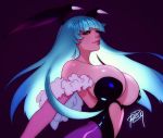 1girl bangs bare_shoulders breasts bridal_gauntlets cleavage demon_girl elbow_gloves feather_boa gloves green_hair head_wings huge_breasts leotard lips long_hair morrigan_aensland nose purple_legwear robert_porter signature slit_pupils solo strapless strapless_leotard succubus vampire_(game) veins veiny_breasts yellow_eyes 