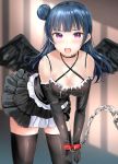  1girl bangs bare_shoulders black_dress black_gloves black_legwear black_wings blue_hair blurry blurry_background blush breasts chains cleavage commentary_request covered_nipples criss-cross_halter cuffs depth_of_field dress elbow_gloves eyebrows_visible_through_hair feathered_wings gloves hair_bun halterneck highres leaning_forward long_hair looking_at_viewer love_live! love_live!_sunshine!! medium_breasts morerin open_mouth purple_eyes side_bun sidelocks solo tears thighhighs tsushima_yoshiko wings 