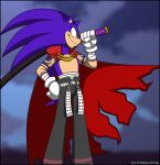  5_fingers anthro black_nose blue_hair cloak clothed clothing cosplay crossover eulipotyphlan fur gloves hair hedgehog kamina kamina_(tengen_toppa_gurren_lagann) katana male mammal melee_weapon simple_background solo sonic_(series) sonic_the_hedgehog sword tagme tattoo tengen_toppa_gurren_lagann verona7881 video_games weapon 