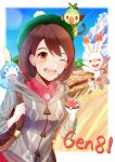  1girl 576352718 ;d backpack bag blue_sky brown_eyes brown_hair cinderella_girls_gekijou cloud collared_shirt creatures_(company) day female_protagonist_(pokemon_swsh) game_freak gen_8_pokemon green_headwear grey_cardigan grookey highres holding holding_poke_ball hood hood_down hooded_cardigan lens_flare nintendo one_eye_closed open_mouth outdoors poke_ball pokemon pokemon_(game) pokemon_on_head pokemon_on_shoulder pokemon_swsh red_shirt scorbunny shirt short_hair sky smile sobble solo standing upper_body wing_collar 