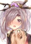  aldehyde bare_shoulders blush eyebrows_visible_through_hair granblue_fantasy hair_ornament hair_over_one_eye harvin highres jewelry nio_(granblue_fantasy) open_mouth pointy_ears ponytail pov pov_hands ring surprised white_background 