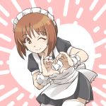  1girl ;) alternate_costume apron bangs black_dress brown_eyes brown_hair closed_mouth commentary dress emphasis_lines enmaided eyebrows_visible_through_hair girls_und_panzer heart heart_hands leaning_forward leaning_to_the_side looking_at_viewer maid maid_apron maid_headdress nishizumi_miho one_eye_closed pink_background puffy_short_sleeves puffy_sleeves short_dress short_hair short_sleeves smile solo standing tewarusa thighhighs white_apron white_legwear 