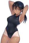  adjusting_hair armpits arms_up black_eyes black_hair black_swimsuit cameltoe character_request copyright_request em hair_between_eyes highres legs_together long_hair looking_at_viewer one-piece_swimsuit skindentation smile swimsuit tan tanline 