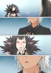  1boy 1girl 4koma amakusa_shirou_(fate) breasts brown_hair comic commentary_request cross cross_necklace earrings fate/grand_order fate_(series) fur_collar fur_trim ginhaha head_out_of_frame jewelry large_breasts long_hair necklace open_mouth pointy_ears semiramis_(fate) short_hair silent_comic slit_pupils spiked_hair tearing_up very_long_hair wavy_mouth white_hair yellow_eyes 