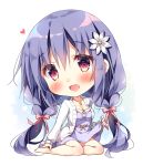  1girl bare_legs barefoot big_head blush bow breasts chibi cleavage collarbone commentary_request dress flower full_body hair_bow hair_flower hair_ornament head_tilt heart jacket long_hair long_sleeves low_twintails medium_breasts open_clothes open_jacket original pan_(mimi) purple_dress purple_hair red_bow red_eyes sitting solo twintails very_long_hair white_flower white_jacket yokozuwari 