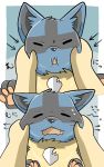  ambiguous_gender blue_fur duo eyes_closed face_squish fangs fur hi_res lucario nintendo open_mouth pawpads paws pok&eacute;mon pok&eacute;mon_(species) sweat sweatdrop toumoro_22 video_games 