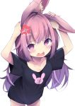  1girl ahoge anger_vein animal_ear_fluff animal_ears arms_up bangs black_shirt breasts bunny_ears cleavage commentary_request cowboy_shot eyebrows_visible_through_hair fang hair_between_eyes kyuukon_(qkonsan) leaning_forward long_hair looking_at_viewer open_mouth original purple_eyes purple_hair shirt short_sleeves simple_background small_breasts solo very_long_hair white_background 