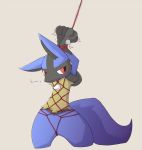  ambiguous_gender anthro bdsm black_fur blue_fur blush bondage bound canid canine fur hands_above_head hands_behind_head lucario mammal nintendo pok&eacute;mon pok&eacute;mon_(species) red_eyes rope rope_bondage rope_harness sanaki solo video_games yellow_fur 