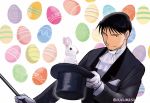  1boy alternate_costume animal black_eyes black_hair breast_pocket bunny colorful commentary easter easter_egg egg english_commentary formal fullmetal_alchemist gloves hat hat_removed headwear_removed holding holding_hat holding_wand light_smile looking_away magician male_focus pocket roy_mustang shirt simple_background smile spiked_hair suit top_hat twitter_username upper_body urikurage wand white_background white_gloves white_shirt 