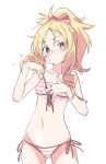  1girl adjusting_clothes adjusting_swimsuit ass_visible_through_thighs bikini blush bow breasts bright_pupils brown_eyes collarbone cowboy_shot eromanga_sensei error front-tie_bikini front-tie_top hair_bow hand_on_own_chest ixy long_hair looking_at_viewer navel pointy_ears ponytail ringlets side-tie_bikini sidelocks simple_background small_breasts solo striped striped_bikini swimsuit white_background white_pupils yamada_elf 
