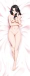  1girl absurdres alfred_cullado ass_visible_through_thighs asymmetrical_hair barefoot bed_sheet black_hair breasts cinder_fall cleavage collarbone dakimakura eyes_visible_through_hair from_above full_body hair_over_one_eye hair_twirling highres incredibly_absurdres long_hair looking_at_viewer lying medium_breasts navel nipples nude on_back on_bed paid_reward patreon_reward pussy rwby smile solo thigh_gap 