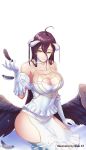  1girl ahoge albedo artist_name bare_shoulders black_feathers black_hair black_wings blak_at breasts cleavage commentary demon_girl demon_horns demon_wings dress elbow_gloves english_commentary english_text eyebrows_visible_through_hair feathered_wings feathers gloves hair_between_eyes highres horns large_breasts long_hair looking_at_viewer overlord_(maruyama) revealing_clothes smile solo white_dress white_gloves wings yellow_eyes 
