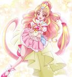  1girl :d absurdly_long_hair blonde_hair cure_tomorrow earrings eyebrows_visible_through_hair floating_hair hanzou harryham_harry highres hugtto!_precure jewelry leg_up long_hair miniskirt open_mouth pink_footwear pink_skirt pleated_skirt precure red_eyes shiny shiny_hair short_sleeves skirt smile solo sparkle standing standing_on_one_leg very_long_hair 