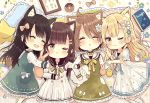  4girls :d ;3 ;t ^_^ animal_ear_fluff animal_ears black_sailor_collar blonde_hair blue_flower blush bow brown_bow brown_eyes brown_hair cat_ears chibi closed_eyes closed_mouth collared_shirt commentary_request doughnut dress drooling eyes_closed flower food frilled_dress frilled_pillow frills green_dress hair_bow hair_flower hair_ornament hairclip highres kemonomimi_mode kneehighs locked_arms long_hair long_sleeves lying mouth_drool multiple_girls on_back on_side open_mouth original parted_lips pillow polka_dot pout sailor_collar sailor_dress sakura_oriko shirt short_sleeves sleeveless sleeveless_dress smile star very_long_hair white_dress white_flower white_legwear white_shirt wide_sleeves 