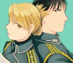  1boy 1girl amestris_military_uniform aqua_background black_eyes black_hair blonde_hair blurry brown_eyes close-up commentary depth_of_field earrings eyelashes face folded_ponytail fullmetal_alchemist jewelry light_smile looking_at_another looking_back military military_uniform ozaki_(tsukiko3) profile riza_hawkeye roy_mustang simple_background smile spiked_hair tied_hair uniform upper_body 
