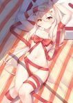  arm_behind_head arm_over_head ayanami_(azur_lane) azur_lane blush breasts closed_mouth collarbone eyebrows_visible_through_hair ge_zhong_kuaile hair_ornament highres horns knees_together_feet_apart long_hair lying naked_ribbon navel on_back outdoors pillow ponytail red_ribbon ribbon shadow small_breasts solo towel umbrella white_hair wide_hips 