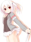  1girl commentary_request hanakoizumi_yoruno holding holding_knife hood hood_down hoodie knife long_sleeves looking_at_viewer medium_hair miniskirt open_clothes open_hoodie original parted_lips red_eyes side_ponytail skirt white_hair yoruno_hikari 