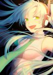  1girl :d absurdres armpit_peek arms_up autu_moon blue_hair breasts close-up clothes_lift commentary dark_background detached_sleeves floating_hair green_eyes green_neckwear hatsune_miku headset highres light_particles long_hair looking_away medium_breasts necktie open_mouth outstretched_arms shaded_face shirt simple_background sleeveless sleeveless_shirt smile solo sunlight upper_body upper_teeth very_long_hair vocaloid white_shirt 