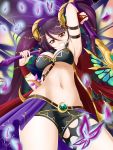  1girl :d absurdres alfred_cullado arm_strap arm_up armpits bare_shoulders black_bikini_top black_bra black_shorts bra brave_frontier breasts bridal_gauntlets bug butterfly cleavage coat cowboy_shot elza_(brave_frontier) eyebrows_visible_through_hair from_below grin groin hair_between_eyes hair_ornament highres holding holding_weapon horns huge_filesize insect large_breasts long_hair looking_at_viewer looking_down midriff navel open_clothes open_coat open_mouth paid_reward patreon_reward petals purple_hair red_coat red_eyes short_shorts shorts signature sleeveless sleeveless_coat smile solo standing stomach thigh_strap thighs twintails underboob underwear very_long_hair weapon wings 