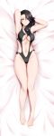  1girl absurdres alfred_cullado arms_behind_head ass_visible_through_thighs asymmetrical_hair barefoot black_hair black_swimsuit breasts casual_one-piece_swimsuit cinder_fall cleavage covered_nipples dakimakura earrings from_above full_body hair_over_one_eye hair_over_shoulder highleg highleg_swimsuit highres incredibly_absurdres jewelry long_hair looking_at_viewer lying medium_breasts navel on_back on_bed one-piece_swimsuit paid_reward parted_lips patreon_reward rwby solo swimsuit thigh_gap 