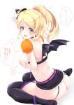  1girl ass ayase_eli bat_wings black_choker black_legwear blon blonde_hair blue_eyes blush bow breasts butt_crack choker covering covering_breasts frapowa from_behind garter_straps hat high_ponytail long_hair looking_at_viewer love_live! love_live!_school_idol_project medium_breasts shoulder_blades sideboob sitting solo thighhighs thighs translation_request wariza wings witch_hat 