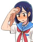  1girl ange_(angeban93) bangs blue_hair blush brown_eyes brown_nails eyebrows_visible_through_hair flip_flappers hair_ornament hairclip holding kokomine_cocona parted_lips school_uniform short_hair simple_background solo sweat upper_body white_background wiping_forehead wiping_sweat 