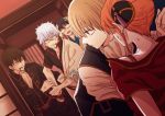  1girl 4boys anger_vein black_hair black_jacket black_pants black_shirt blazer bra_strap brown_hair collarbone collared_shirt gintama glasses hair_bun hand_on_head hijikata_toushirou holding holding_sword holding_weapon jacket japanese_clothes kagura_(gintama) kimono long_sleeves looking_back multiple_boys okita_sougo open_blazer open_clothes open_jacket open_mouth open_shirt orange_hair pants red_eyes red_shirt ribbon-trimmed_shirt sheath shimura_shinpachi shirt short_hair silver_hair sweat sword szzz_k unsheathing weapon white_kimono white_neckwear white_shirt 