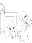  2girls ass bathing bathtub breasts camel_(dansen) female minarai_(camel) monochrome multiple_girls nude original partially_submerged rubber_duck short_hair water wet 