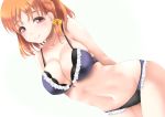  1girl arms_behind_back bikini breasts brown_hair cleavage dutch_angle frapowa groin large_breasts love_live! love_live!_school_idol_project navel red_eyes short_braid short_hair smile solo swimsuit takami_chika thighs white_background 