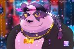  2019 alp_(tas) anthro black_nose blush clothing cute_fangs english_text giant_panda hat headgear headwear hi_res loneliestbara male mammal overweight overweight_male purple_eyes shirt solo text tokyo_afterschool_summoners topwear ursid video_games 