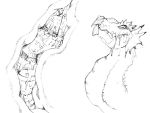  1girl arms_up camel_(dansen) dragon dragon&#039;s_crown elf_(dragon&#039;s_crown) inside_creature monochrome wet 