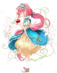  1girl apple bangs blue_dress blue_ribbon brown_dress brown_footwear closed_mouth dress flower food frilled_dress frills fruit full_body fuyusuke_(hz+) hair_ribbon highres holding holding_food holding_fruit kneehighs long_hair looking_away looking_down low_ponytail original pink_hair ponytail profile red_apple ribbon shoes simple_background smile solo standing very_long_hair white_background white_flower white_legwear 