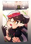  +_+ 1girl 2koma aori_(splatoon) artist_name black_dress black_gloves black_hair black_shirt brown_eyes collar comic commentary coula_cat cousins crop_top crying crying_with_eyes_open detached_collar domino_mask dress earrings eyes_closed fangs food food_on_head frown gloves grey_hair grin highres hotaru_(splatoon) jewelry long_hair mask mole mole_under_eye nintendo object_on_head open_mouth outstretched_arms pointy_ears puffy_short_sleeves puffy_sleeves shirt short_sleeves signature smile solo spiked_collar spikes splatoon splatoon_(series) splatoon_1 splatoon_2 strapless strapless_dress tako-san_wiener tears tentacle_hair upper_body white_gloves 