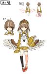  1girl aviator_cap ayakashi_kyoushuutan black_legwear brown_eyes brown_hair brown_headwear clenched_hand concept_art cura feathered_wings feathers full_body geta goggles goggles_on_headwear hiyo_(whisp) japanese_clothes kneehighs looking_at_viewer monster_girl multicolored_hair multiple_views red_footwear short_hair single_kneehigh sketch solo standing streaked_hair thigh_strap white_hair wide_sleeves wings 
