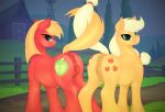  2018 animal_genitalia anus applejack_(mlp) balls barn big_macintosh_(mlp) breasts brother brother_and_sister butt cutie_mark detailed_background digital_media_(artwork) duo earth_pony entwined_tails eqamrd equid equine eyelashes farm female fence feral friendship_is_magic fur grass green_eyes hair hi_res horse looking_at_viewer looking_back male mammal my_little_pony nipples nude outside pony puffy_anus pussy raised_tail rear_view red_fur sibling sister smile standing tree yellow_fur yellow_tail 