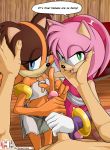  amy_rose anthro badger blue_eyes dialogue eulipotyphlan female first_person_view green_eyes group group_sex handjob hedgehog hi_res holding_face human human_on_anthro interspecies male male/female mammal mustelid musteline penile precum rankerhen sex sonic_(series) sonic_boom sticks_the_jungle_badger threesome 