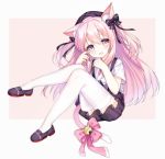  1girl animal_ear_fluff animal_ears azur_lane bell black_footwear black_headwear black_skirt cat_ears cat_tail commentary_request full_body hand_to_own_mouth hat jingle_bell kisaragi_(azur_lane) legs_up long_hair open_mouth pink_background pink_eyes pink_hair ribbon school_uniform shirt shoes short_sleeves simple_background sitting skirt solo suspender_skirt suspenders tail tail_ornament tail_ribbon tengxiang_lingnai thighhighs two_side_up white_legwear white_shirt 