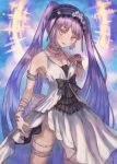  1girl absurdres bare_shoulders black_bow blush bow breasts cleavage collarbone commentary_request dress euryale eyebrows_visible_through_hair fate/grand_order fate_(series) hairband headdress highres jewelry long_hair looking_at_viewer necklace parted_lips purple_eyes purple_hair sleeveless sleeveless_dress solo twintails very_long_hair white_dress wristband yorishiem 
