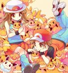  1boy 1girl alternate_color baseball_cap black_wristband blue_(pokemon) brown_eyes brown_hair creatures_(company) eevee game_freak gen_1_pokemon hat long_hair lying nintendo on_stomach pokemon pokemon_(game) pokemon_frlg porkpie_hat red_(pokemon) red_headwear rikovui shiny_pokemon stuffed_toy white_headwear wristband 