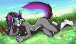  2019 4_toes 5_fingers anthro black_hair canid canine canis day detailed_background digital_media_(artwork) domestic_dog female grass hair ketty ketty-leopardess lying mammal nipples nude on_side outside purple_eyes solo toes 