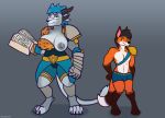  anthro armor arwokom breasts bulge canid canine duo eyewear felid feline female glasses hi_res jo larger_female male mammal muscular muscular_female simple_background size_difference standing thick_thighs 