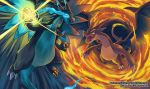  charizard claws commentary creature creatures_(company) dragon eye_contact fire flying game_freak gen_1_pokemon looking_at_another mega_charizard_x mega_charizard_y mega_pokemon nintendo no_humans pokemon pokemon_(creature) sei_(seiryuuden) 