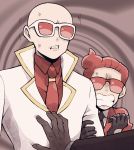  2boys bald black_gloves black_neckwear brown_background clenched_teeth creatures_(company) disembodied_limb formal game_freak gloves jacket long_sleeves male_focus minashirazu multiple_boys necktie nintendo npc_trainer pokemon pokemon_(game) pokemon_xy red-tinted_eyewear red_jacket red_neckwear red_shirt shirt simple_background suit sweat team_flare_admin team_flare_grunt teeth upper_body white-framed_eyewear white_jacket white_shirt 